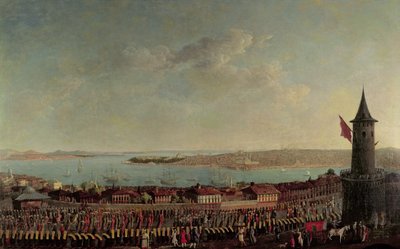 View of Constantinople with a Procession of Janissaries Passing the Galata Tower by Jean Baptiste Vanmour